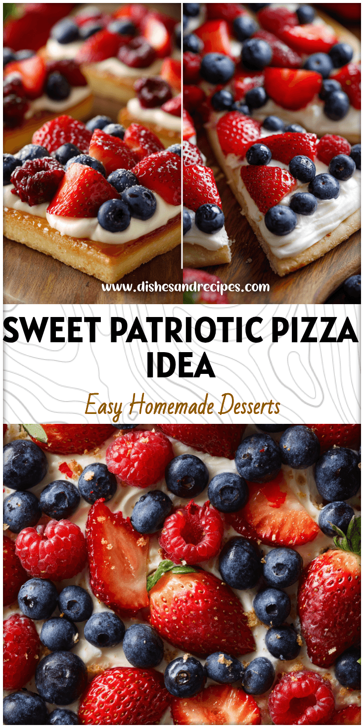 Colorful Patriotic Berry Pizza topped with strawberries, blueberries, and cream as a Cute 4th Of July Food dessert
